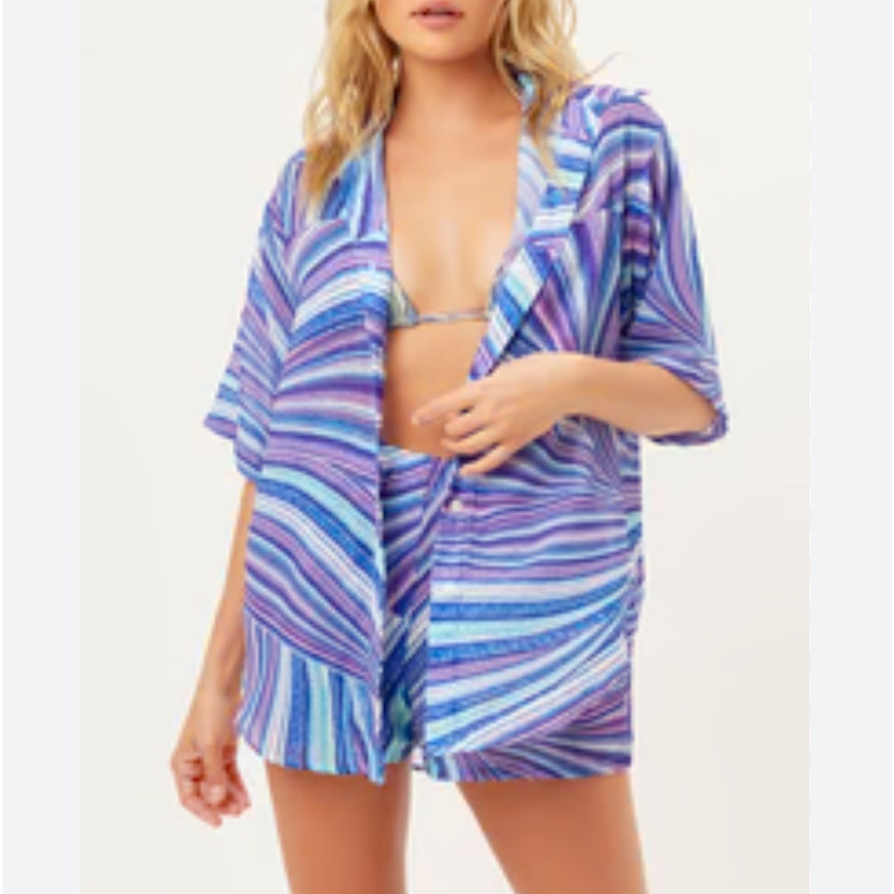 Frankie’s Bikinis Fifi Sustainable blue purple swirl cover up shirt. Size XS